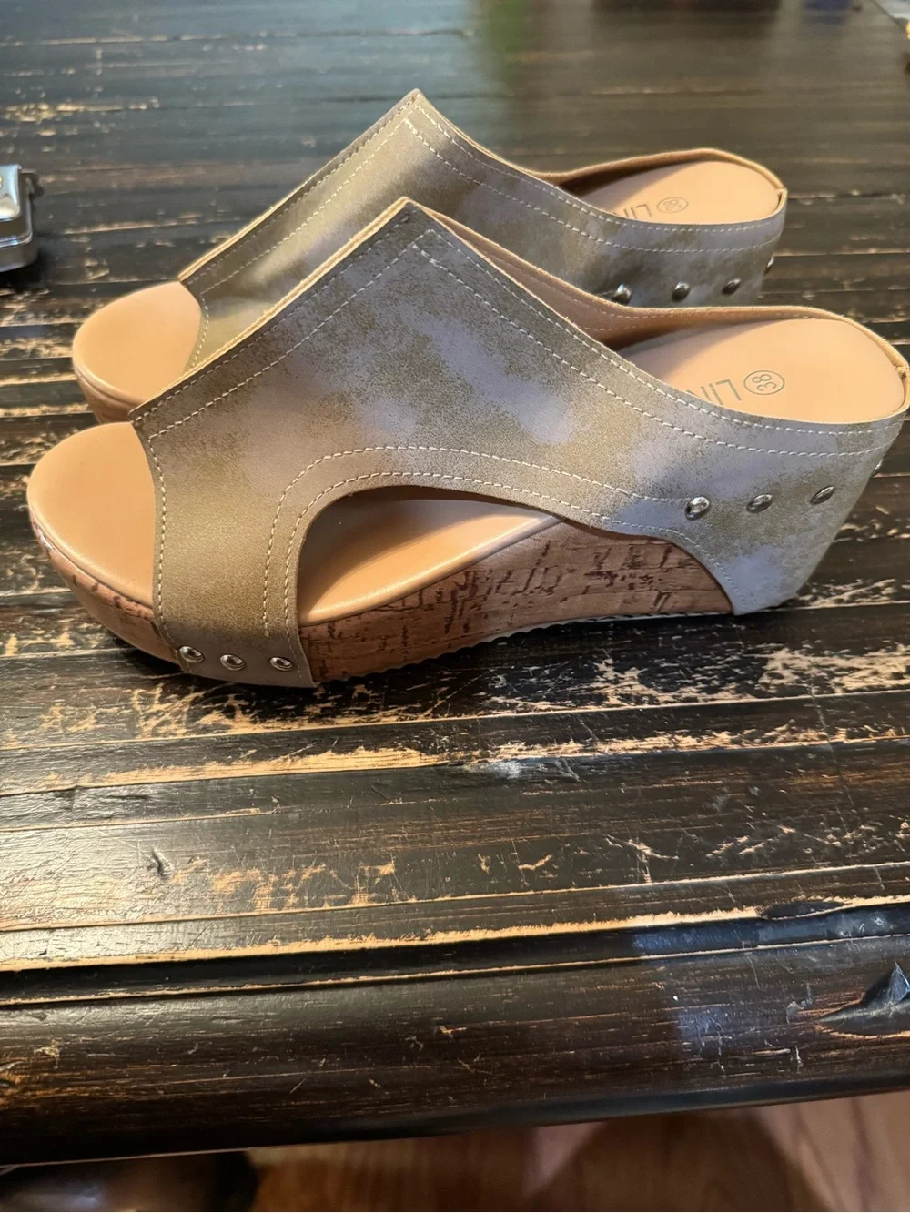 Source Unknown Olive Green Cork Wedge Slide Sandals
